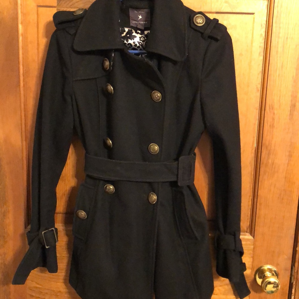 Womens black pea coat with belt and gold buttons
